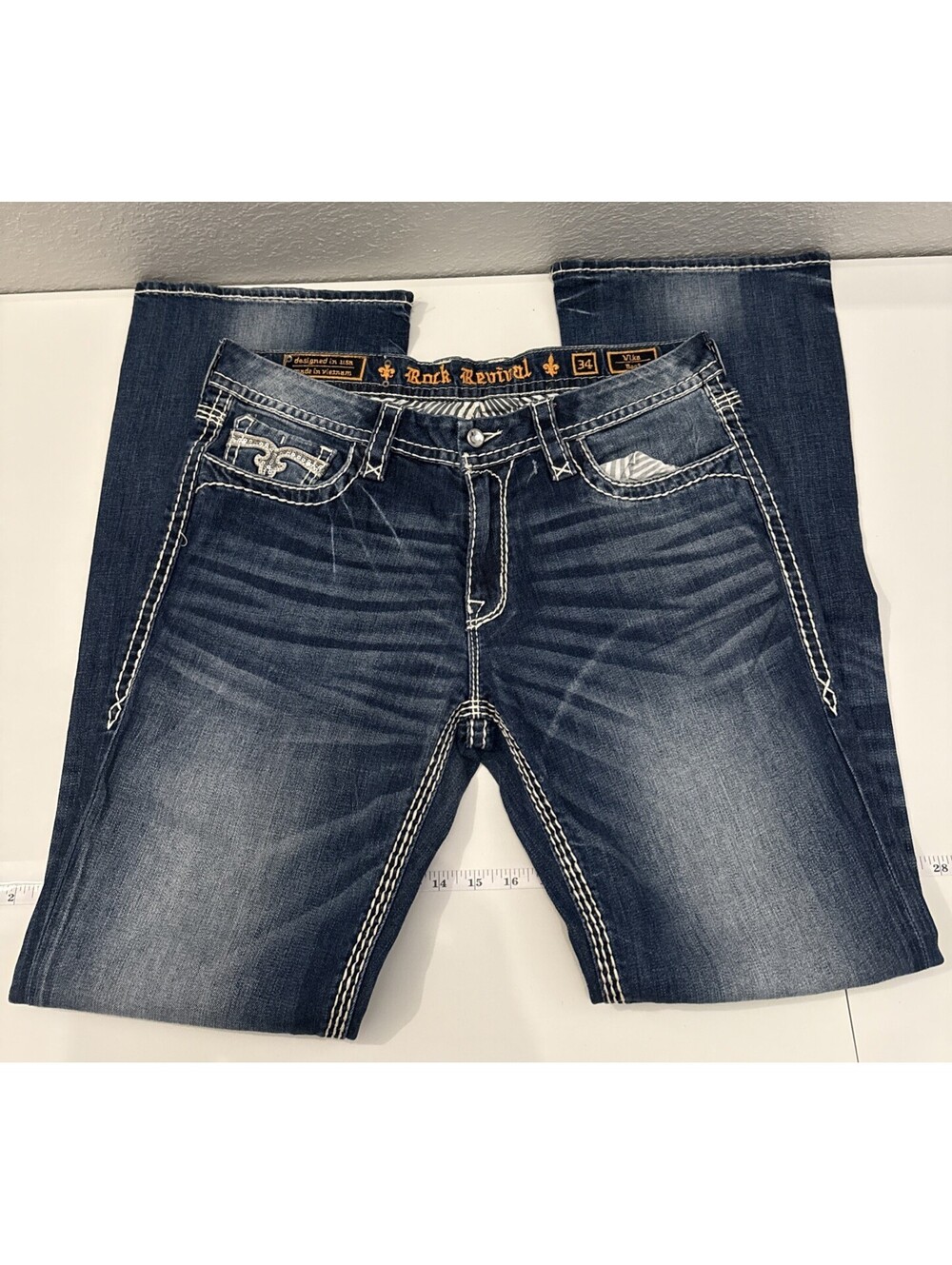 Rock Revival Vika Bootcut Jeans Womens 36x33 Blue Distressed Embellished Denim
